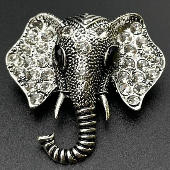 Silver with White Diamond and Black Onyx Crystal Elephant Pin Back Brooch - Picture 1 of 9